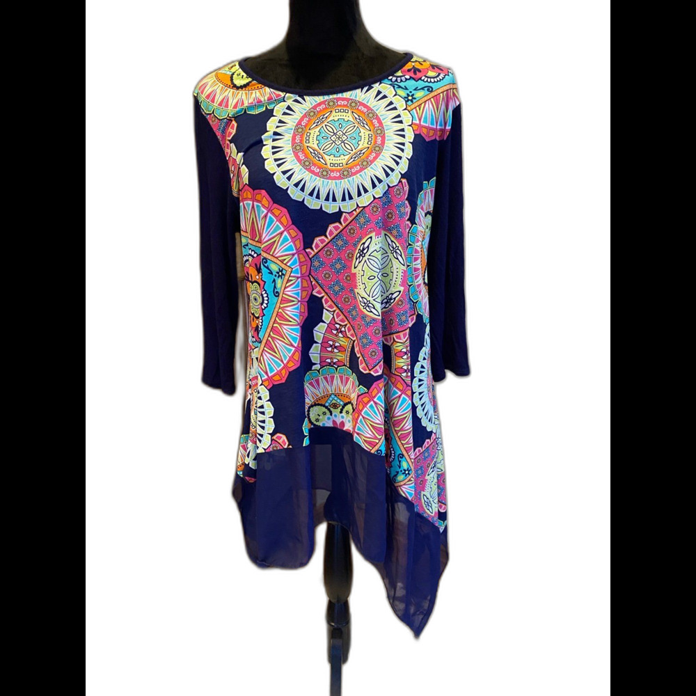 G Dress in Gaudy Asymmetrical Women’s Stretch Ruffle Sheer‎ Sz ?Large Tunic Top